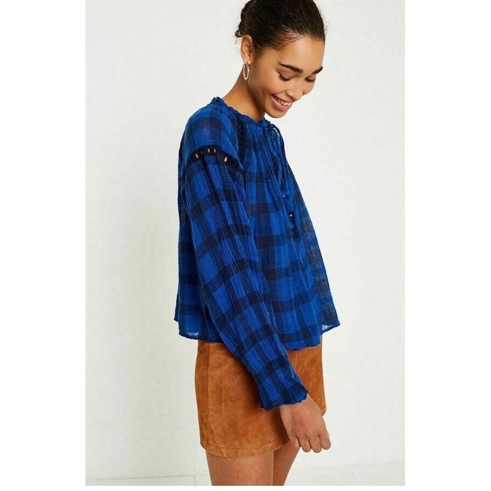 Free People Honey Grove Blue Checked Plaid Crochet Trim Tassel Blouse Top Medium